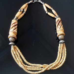 Vintage Huge Carved Cow Chunky Bone Bead Necklace Multi Strand